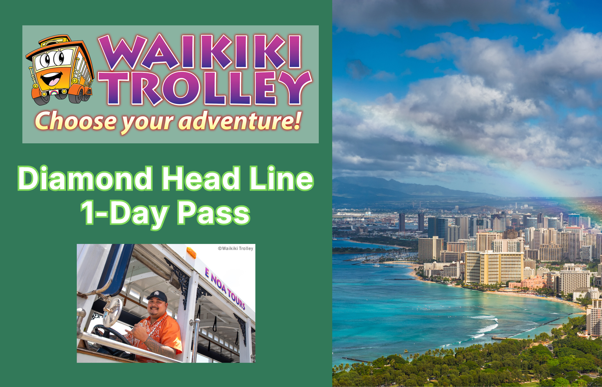 Waikiki Trolley - Diamond Head Line (Green) 1 Day (E-Ticket)
